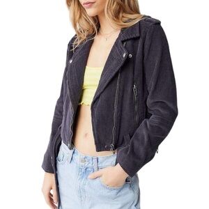 Blank NYC Corduroy Moto Jacket Womens Large Black Biker Coat Zip Up Cropped